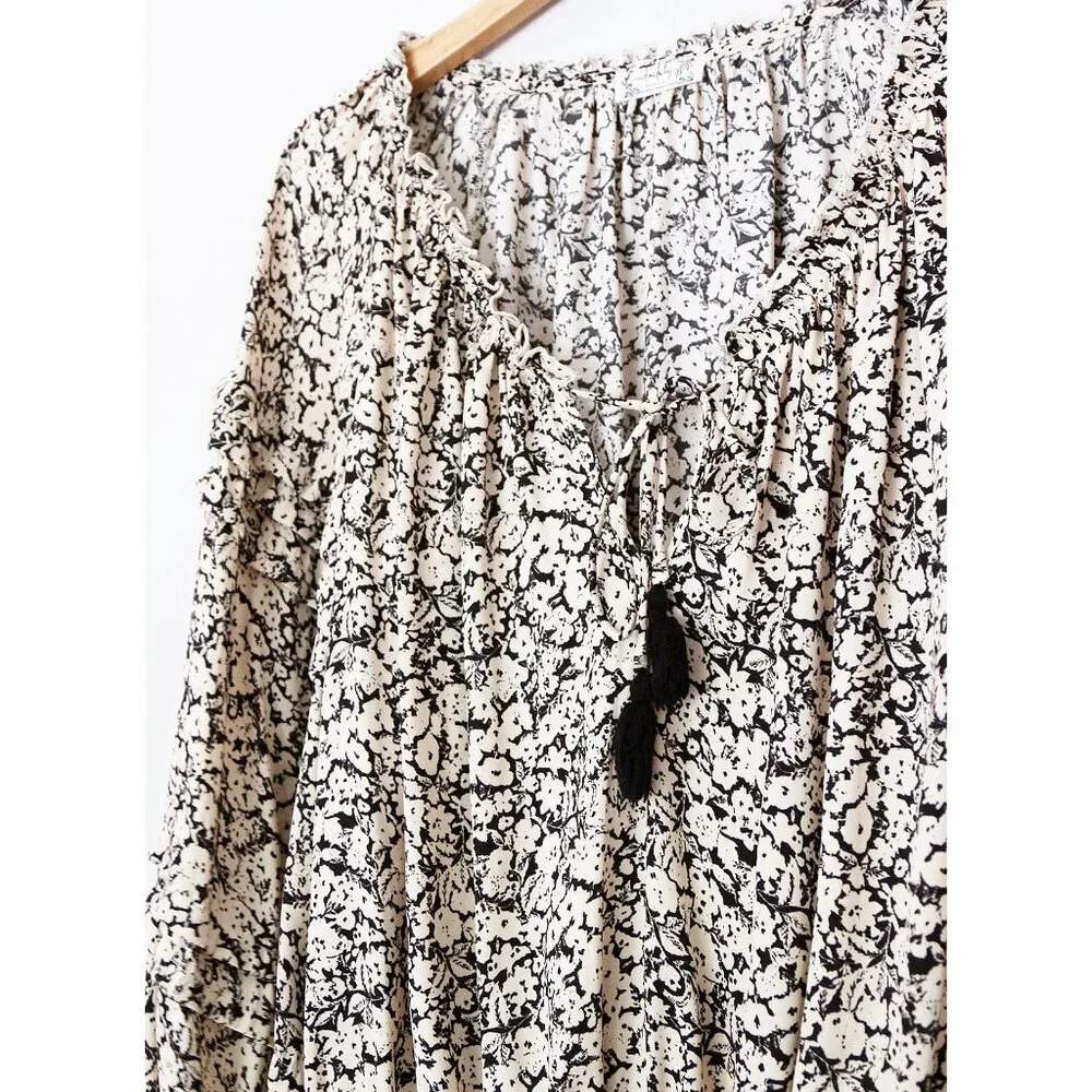 Free People FP Intimately All Tucks Printed Bodysuit XS Long Balloon Sleeves $78